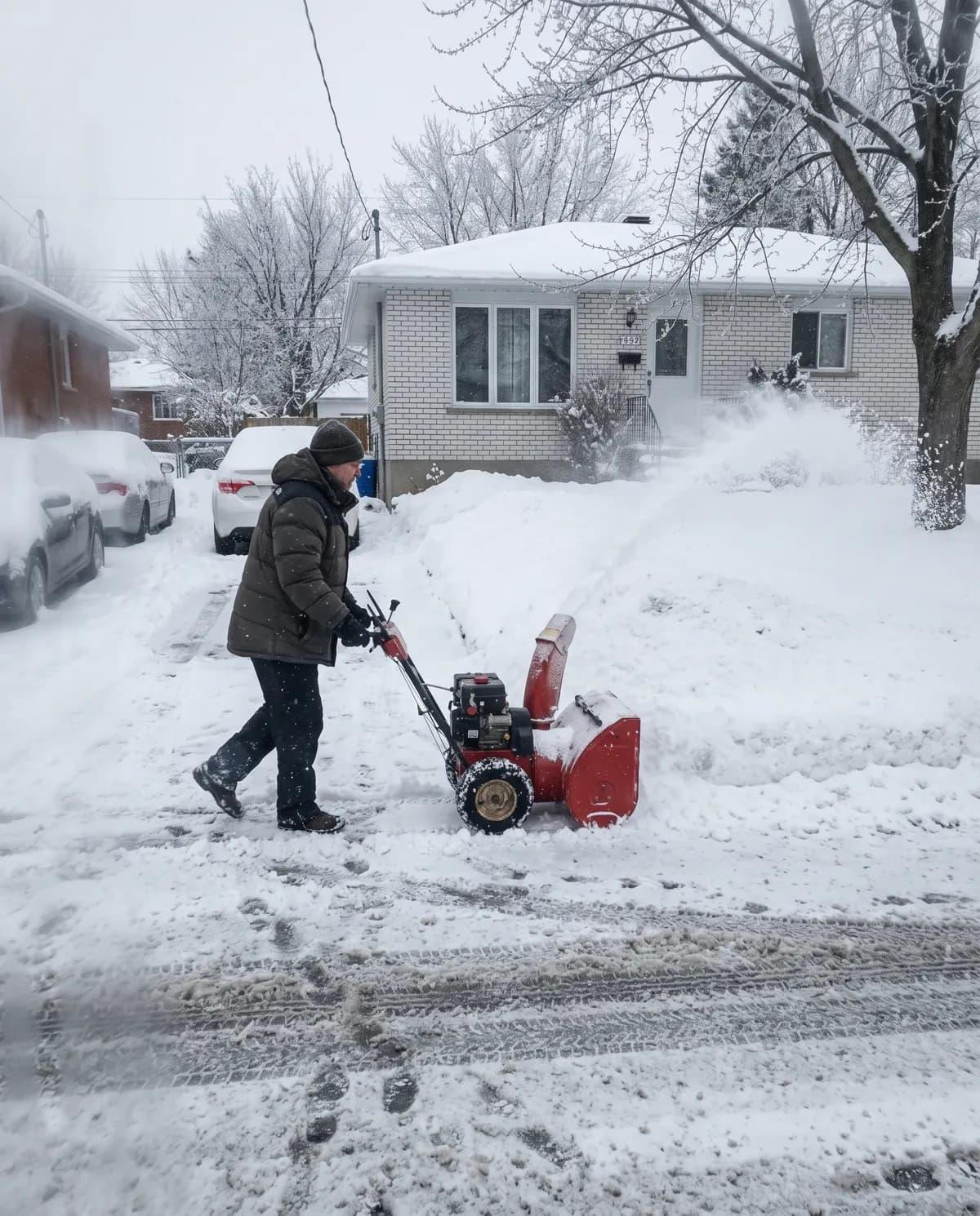 Déneigement d'une entrée résidentielle à Montréal après une bordée de neige